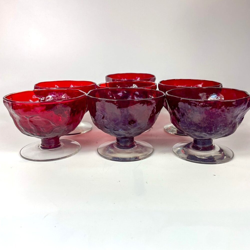 Morgantown Champagne/Tall Sherbet Crinkle Ruby Glasses set of 7